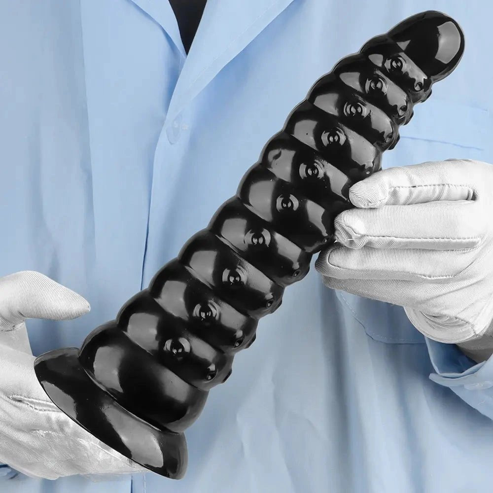 Ribbed Anal Dildo S/L - Black PVC Beaded Sex Toy