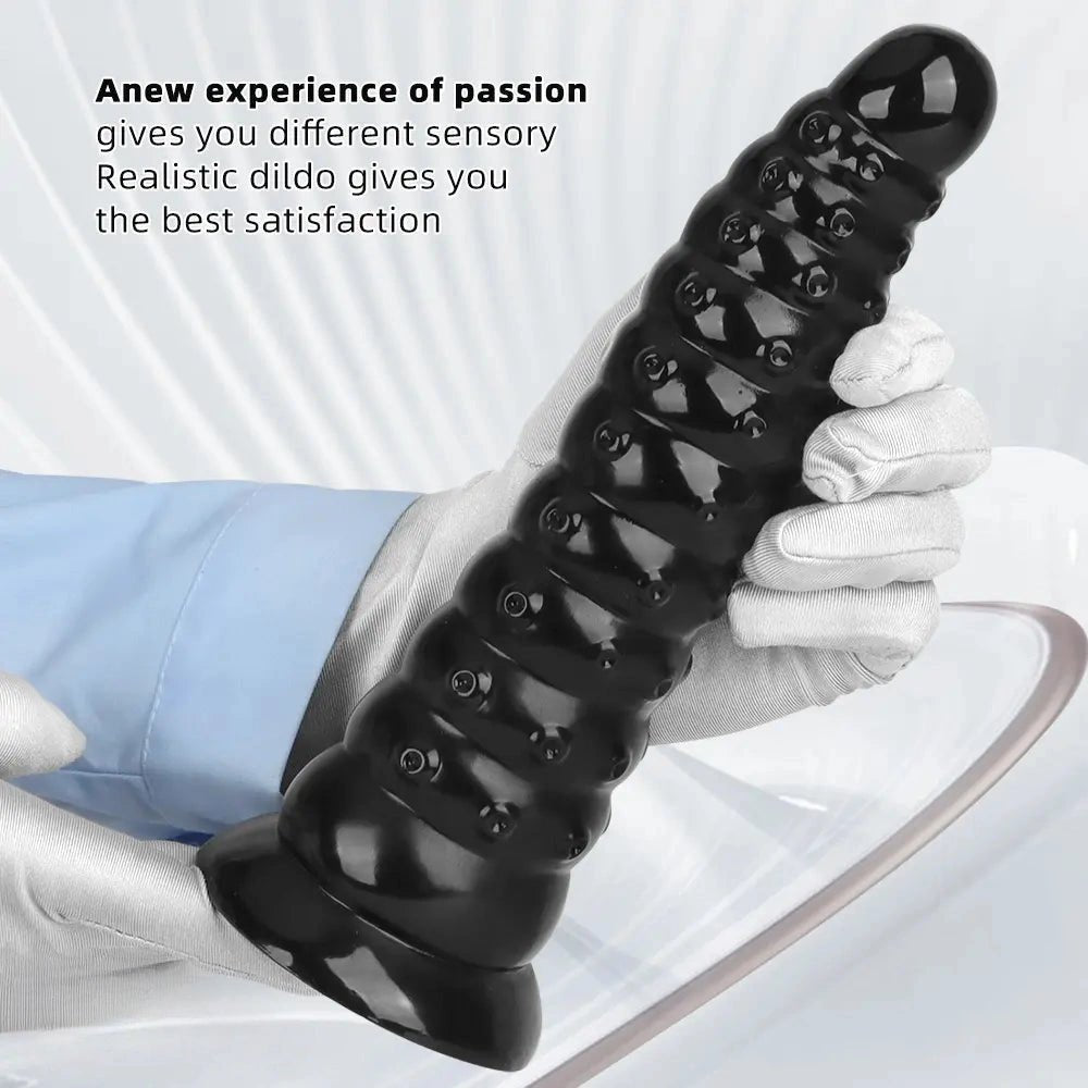 Ribbed Anal Dildo S/L - Black PVC Beaded Sex Toy