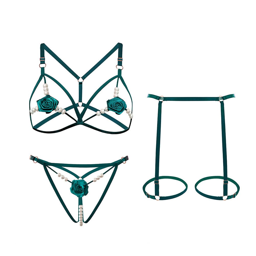 Rose Beaded Strappy Cage Bra Set - Lingerie Set for Women