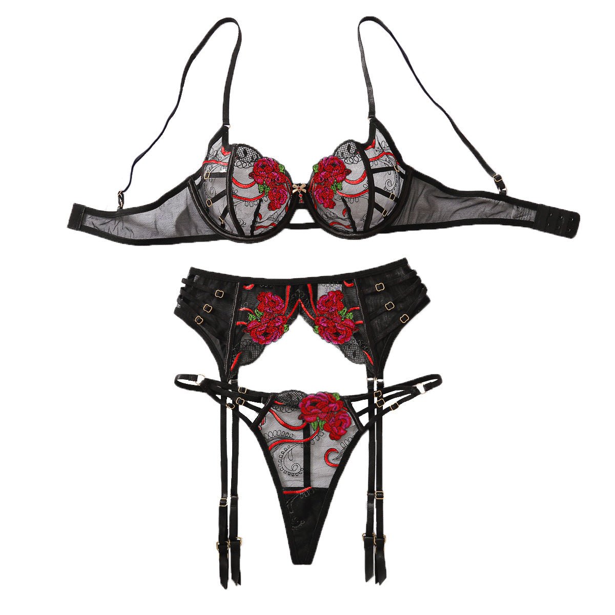 Rose Embroidered High Waist Set - Bra and Panty Set