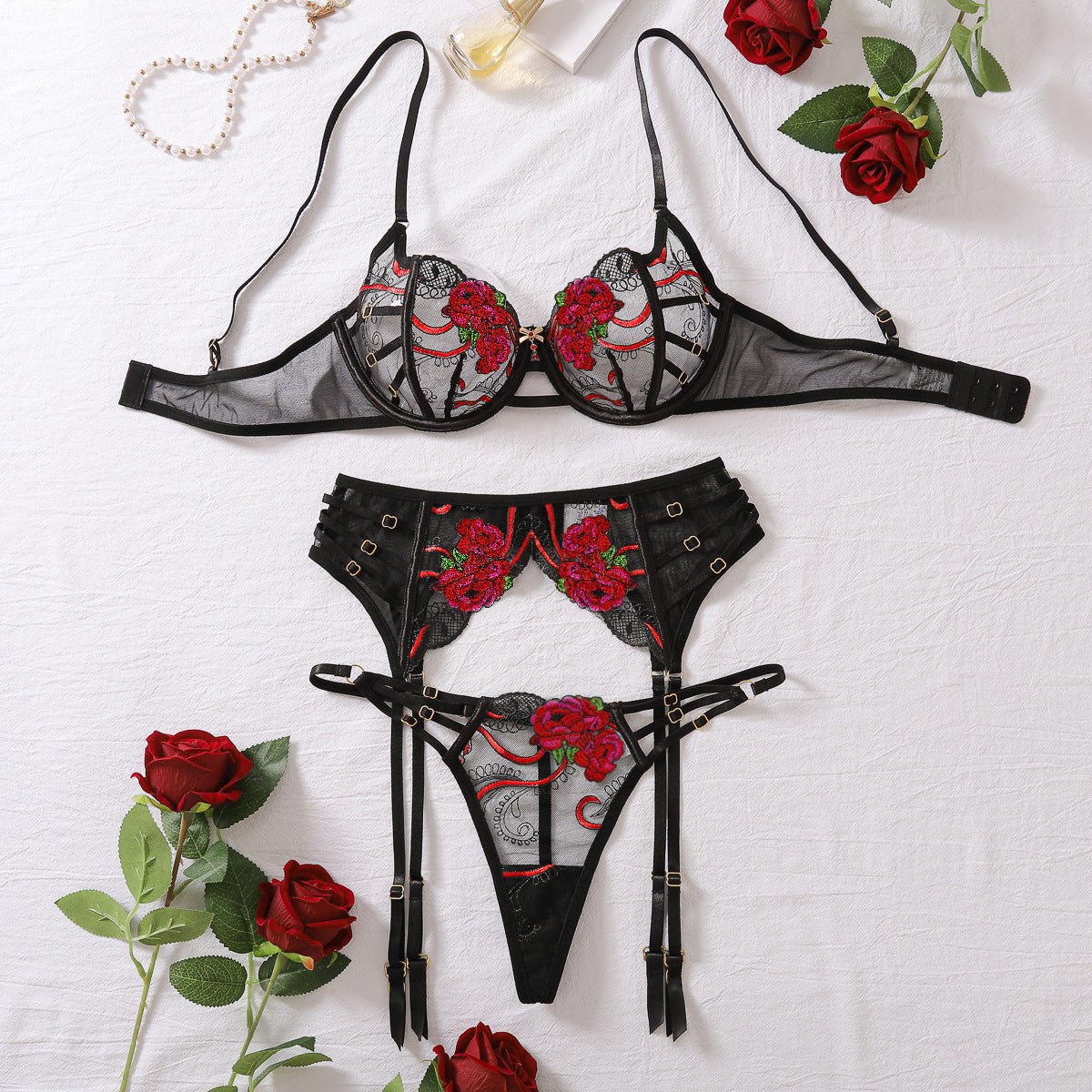 Rose Embroidered High Waist Set - Bra and Panty Set