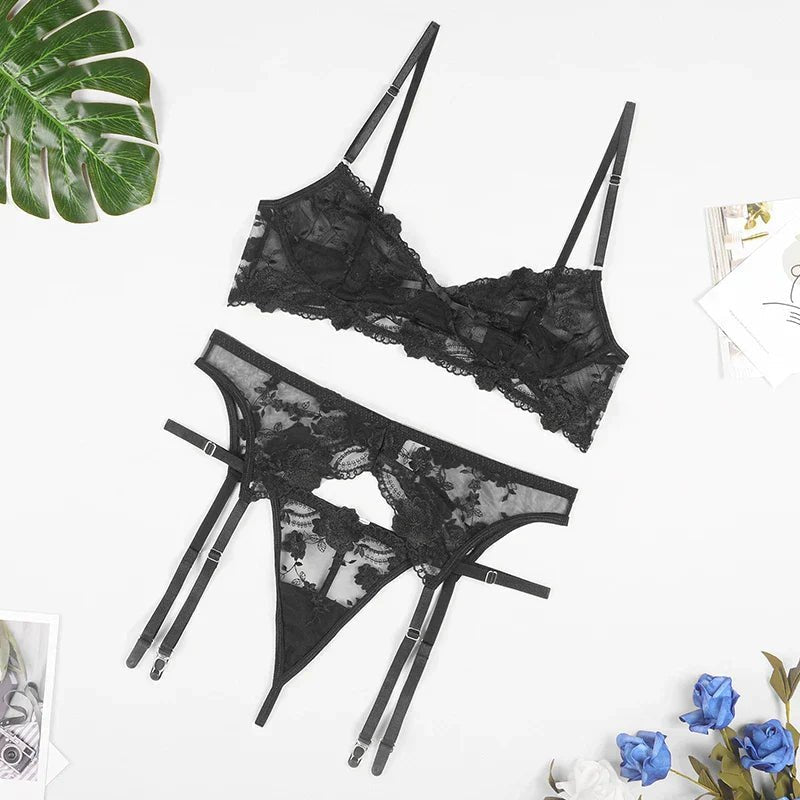 Rose Embroidered Longline Bra Set - Lingerie Set for Women