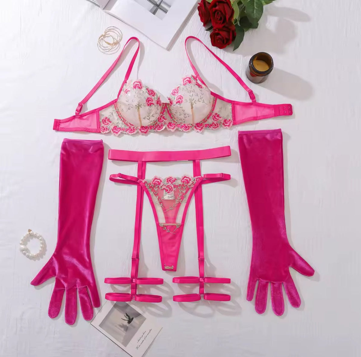 Rose Embroidered Glove Garter Set - Garter Lingerie Set