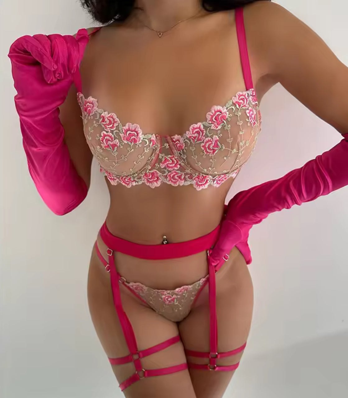 Rose Embroidered Glove Garter Set - Garter Lingerie Set