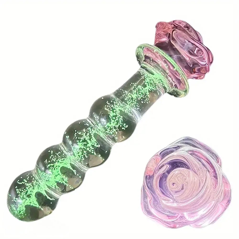 Rose Handle Glass Dildo - Ribbed Glass Anal Dildo