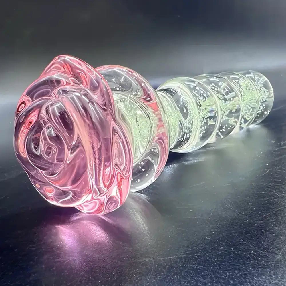 Rose Handle Glass Dildo - Ribbed Glass Anal Dildo