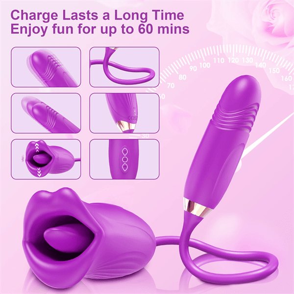 Rose Tongue & Thrusting Vibrator - Dual Motor Rose Toy