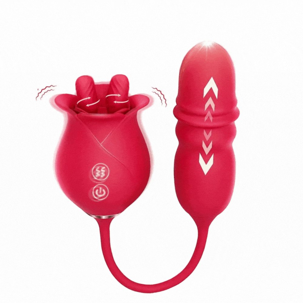 Rose Toy with Thrusting Vibrator - Dual Tongue Clit Sucker