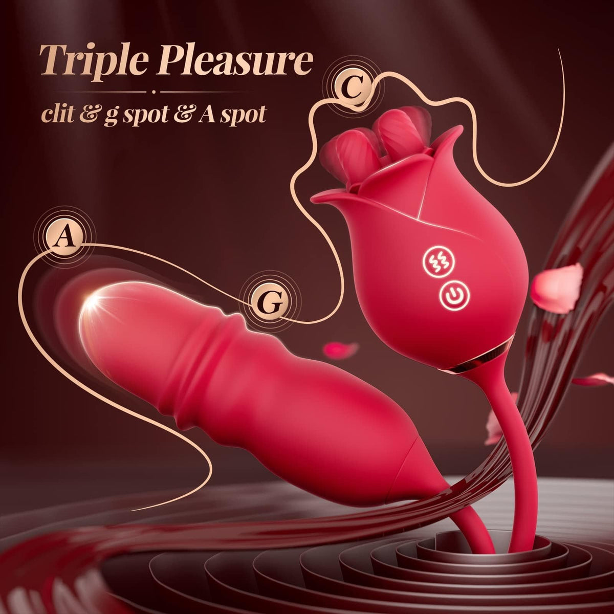 Rose Toy with Thrusting Vibrator - Dual Tongue Clit Sucker