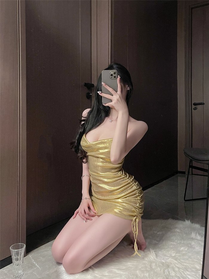 Ruched Metallic Halter Slip Dress - Sexy Camisole Set