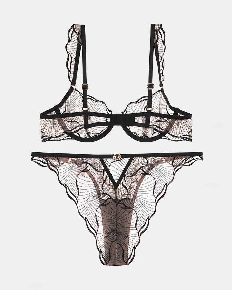 Ruffle Strap Embroidered Bra Set - Lingerie Set for Women