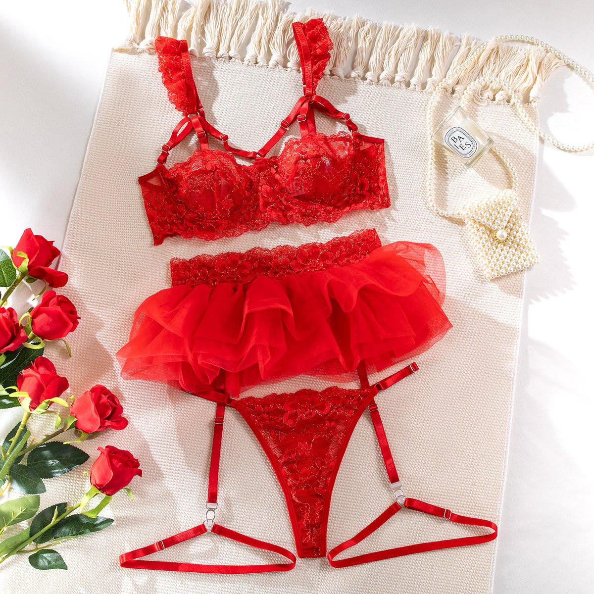Ruffled Lace Tulle Skirt Set - Bra and Panty Set