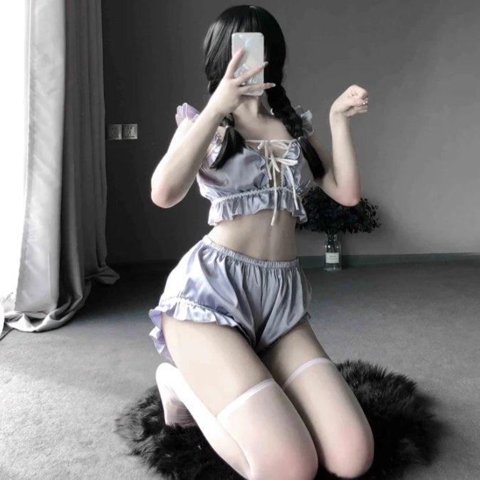 Ruffled Satin Sleepwear Set - Bra and Panty Set