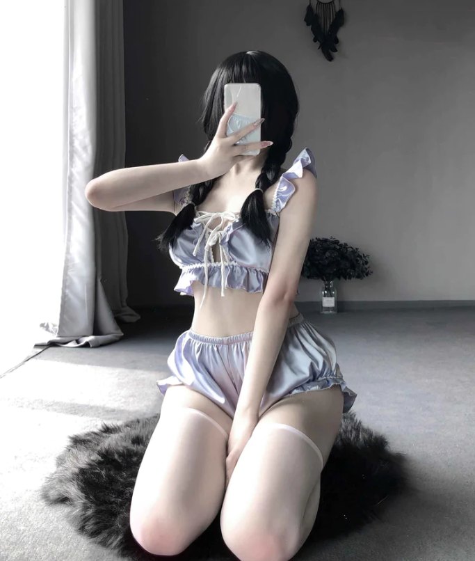 Ruffled Satin Sleepwear Set - Bra and Panty Set