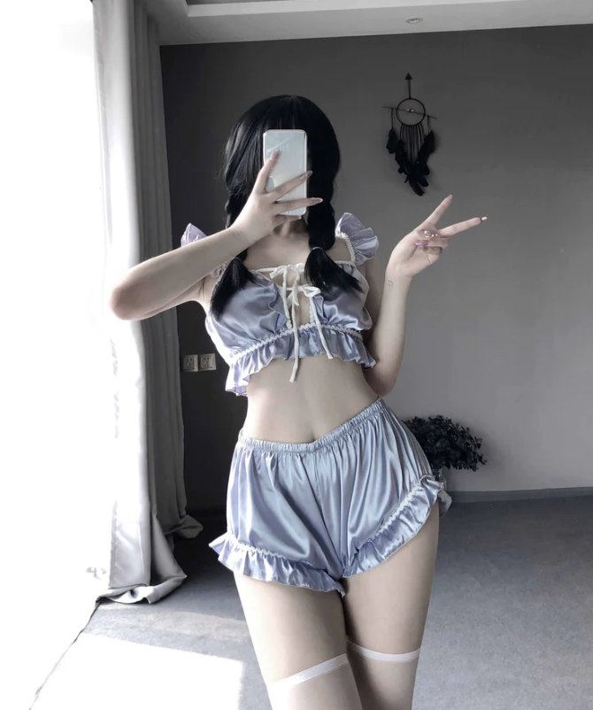 Ruffled Satin Sleepwear Set - Bra and Panty Set