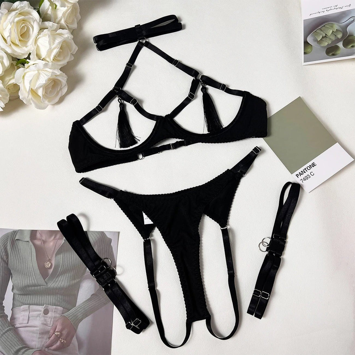 Satin Ribbon Lace Bra Set - Lingerie Set for Women