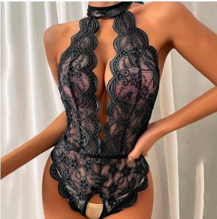 Scallop Lace Plunge Halter Suit - Lingerie Bodysuit for Women