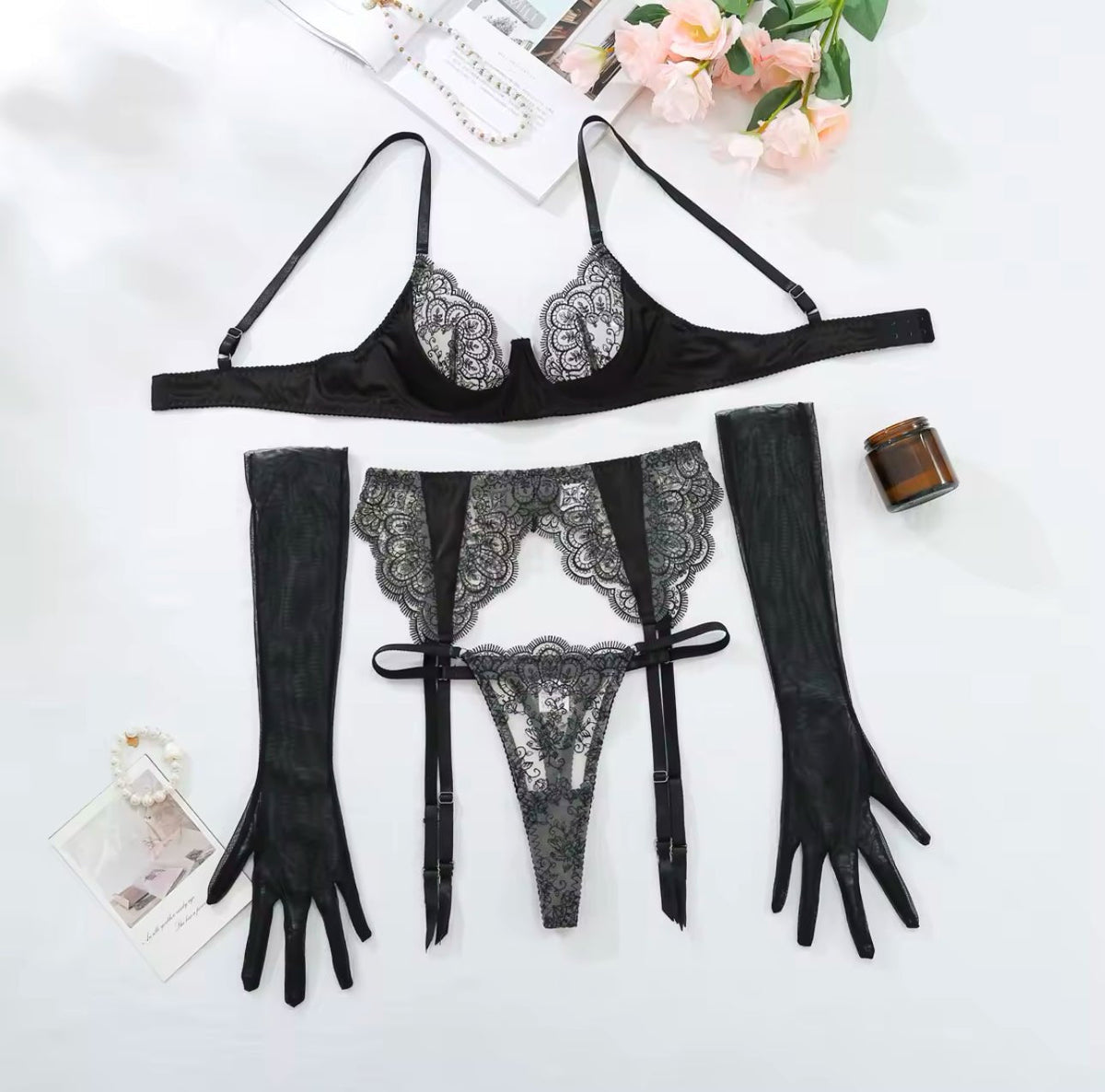Scalloped Lace Glove Garter Set - Garter Lingerie Set