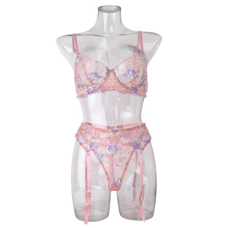 Sculpting Mesh Embroidered Garter Set - Garter Lingerie Set