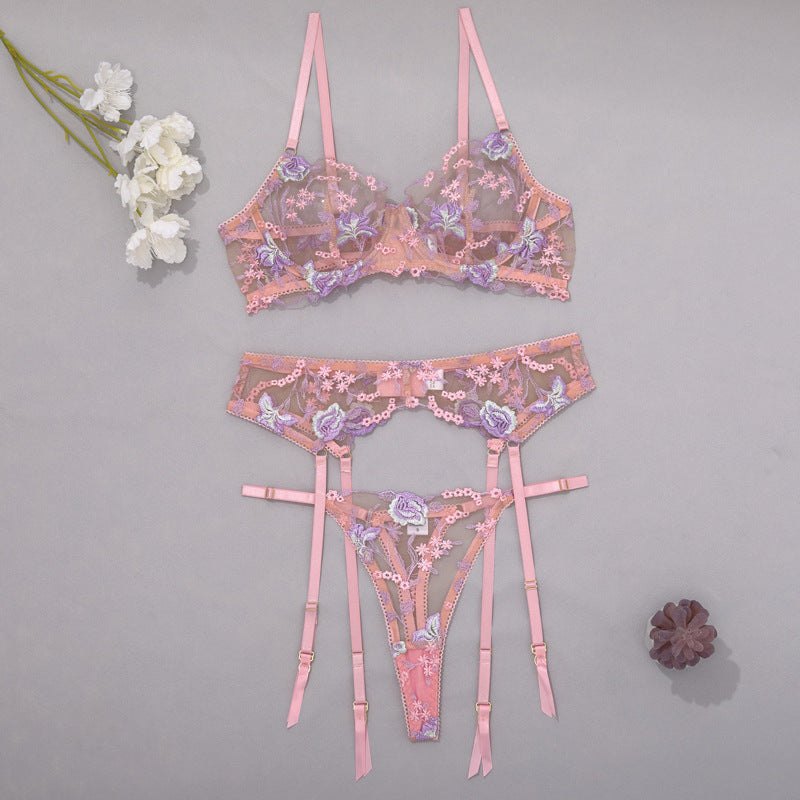 Sculpting Mesh Embroidered Garter Set - Garter Lingerie Set