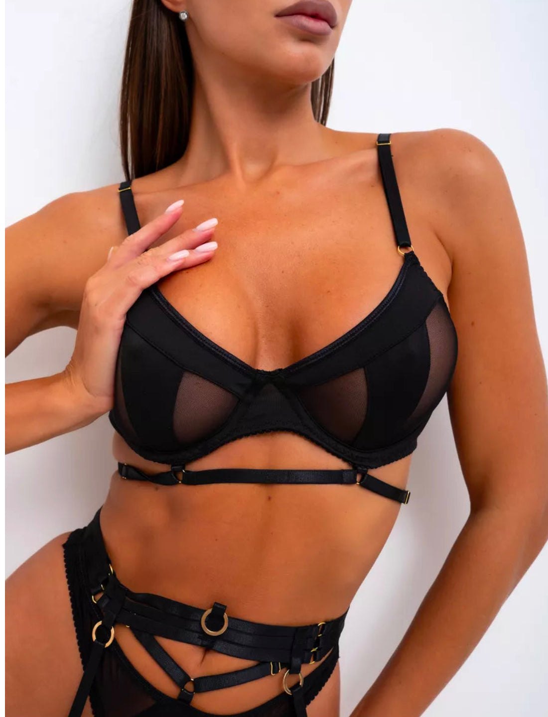 Sheer Cutout Mesh Garter Set - Garter Lingerie Set
