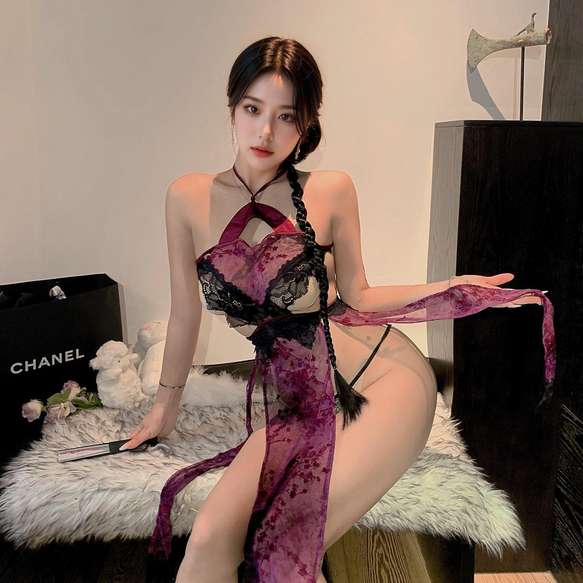 Sheer Halter Cheongsam Costume Set - Sexy Roleplay Costume