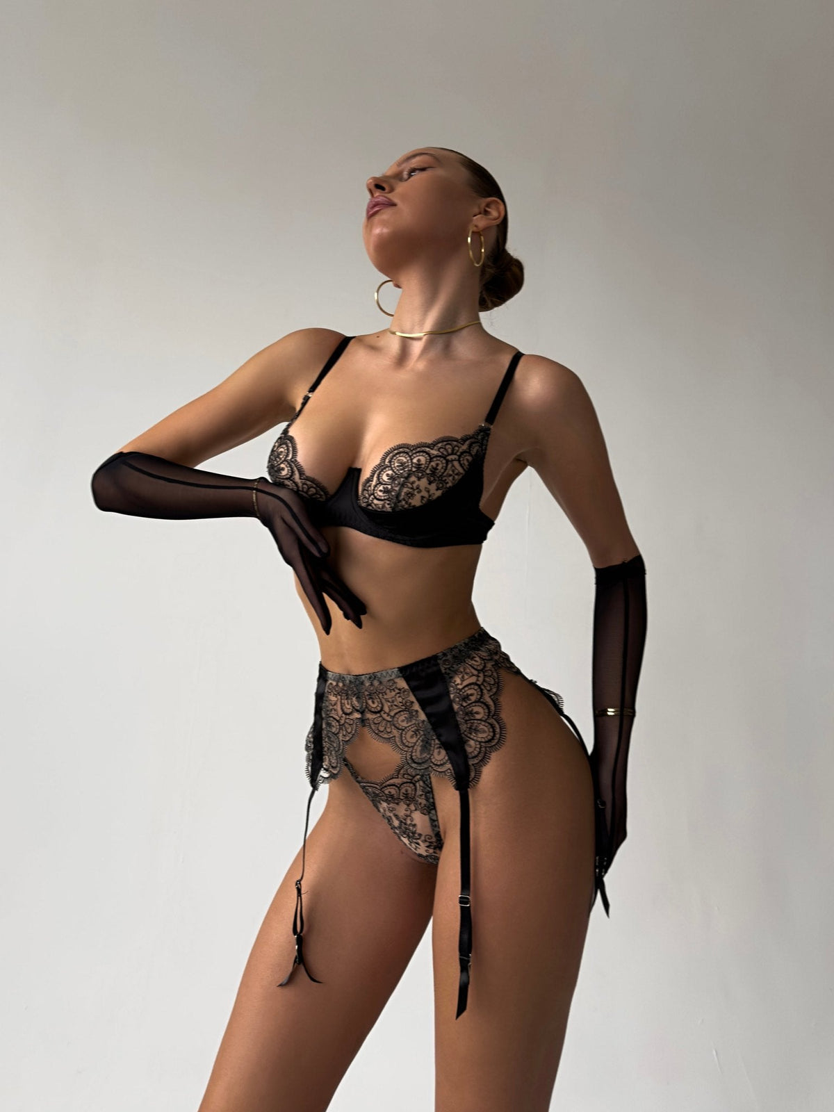 Sheer Lace Belt and Gloves Set - Bra and Panty Set