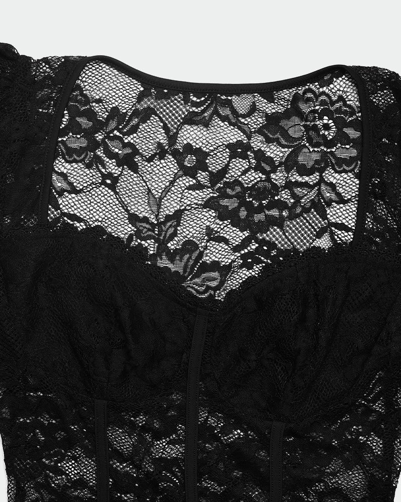 Sheer Lace Long Sleeve Bodysuit - Lingerie Bodysuit for Women