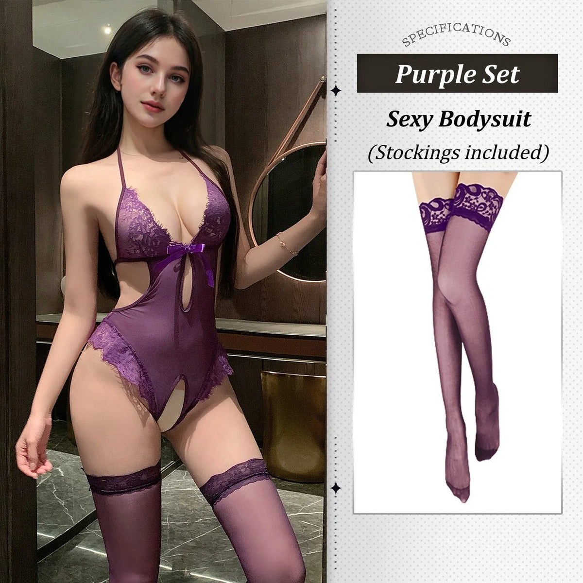 Sheer Lace Open-Crotch Bodysuit - Lingerie Bodysuit for Women
