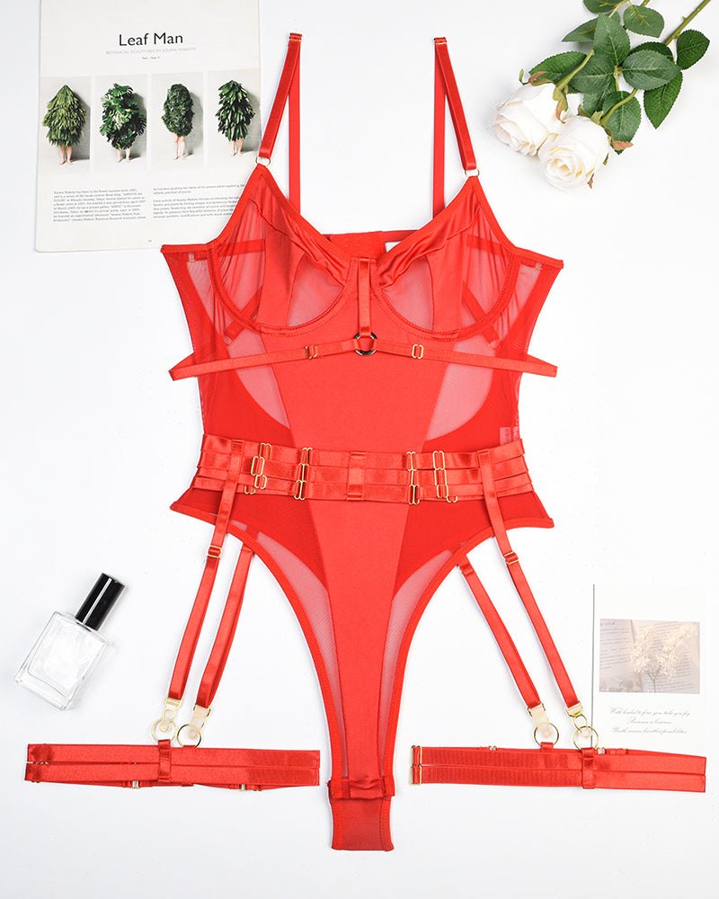 Sheer Mesh Bodysuit With Garter - Lingerie Bodysuit for Women