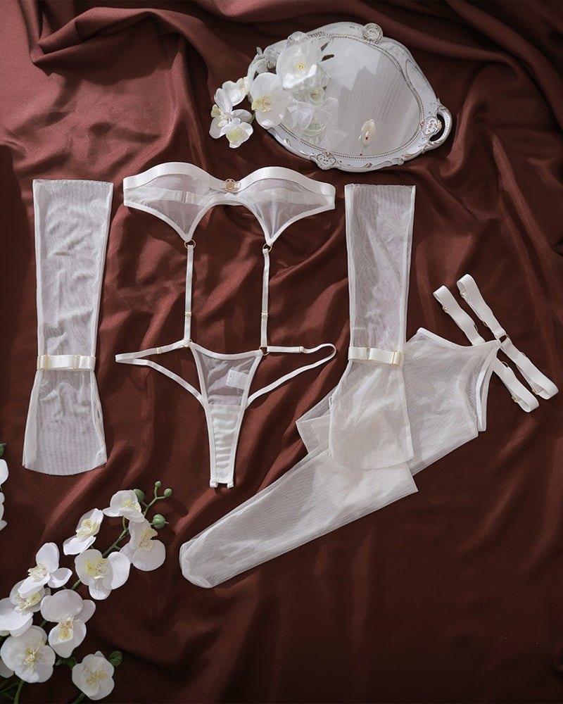 Sheer Bodysuit Gloves Stockings Set - Lingerie Bodysuit for Women