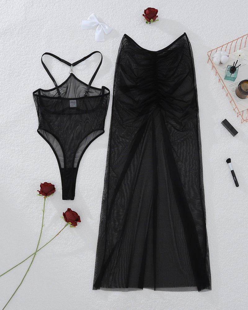 Long Skirt Mesh Bodysuit Set - Sexy Babydoll Lingerie