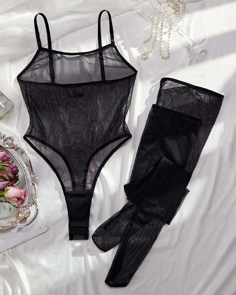 Sheer Mesh Bodysuit With Stockings - Lingerie Bodysuit for Women