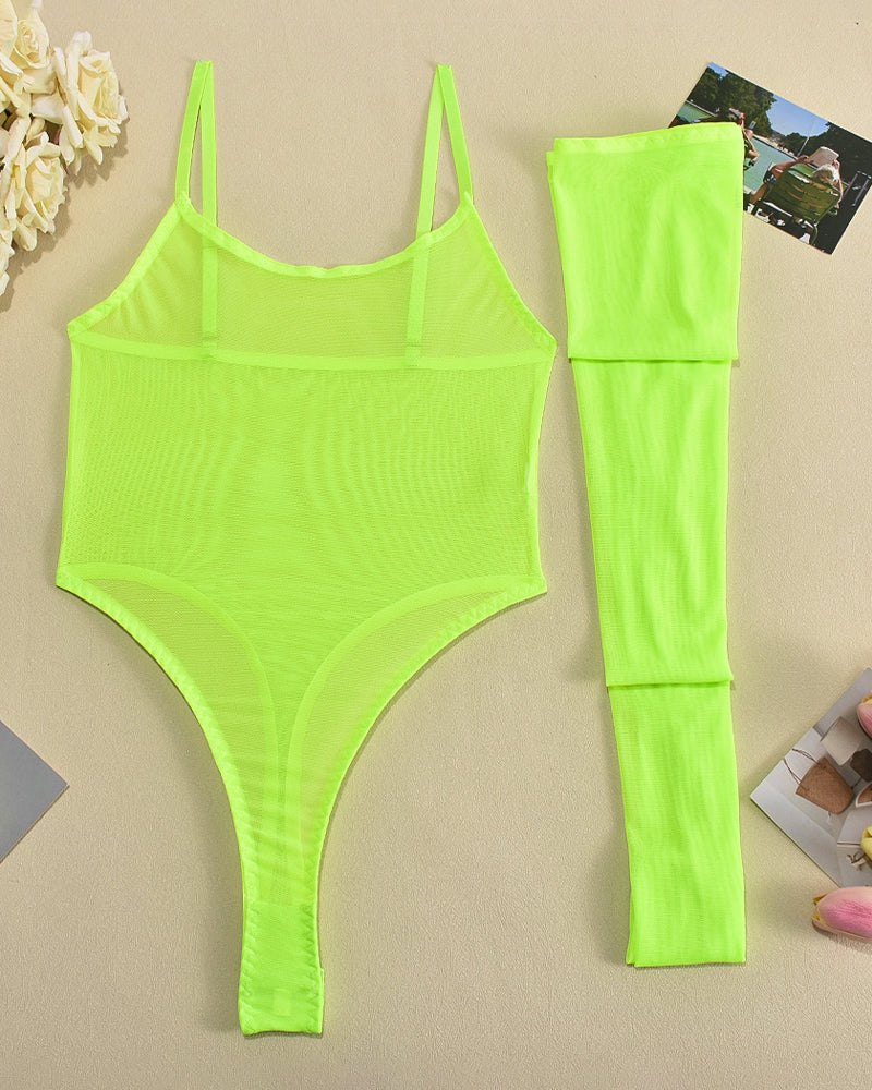 Sheer Mesh Bodysuit With Stockings - Lingerie Bodysuit for Women