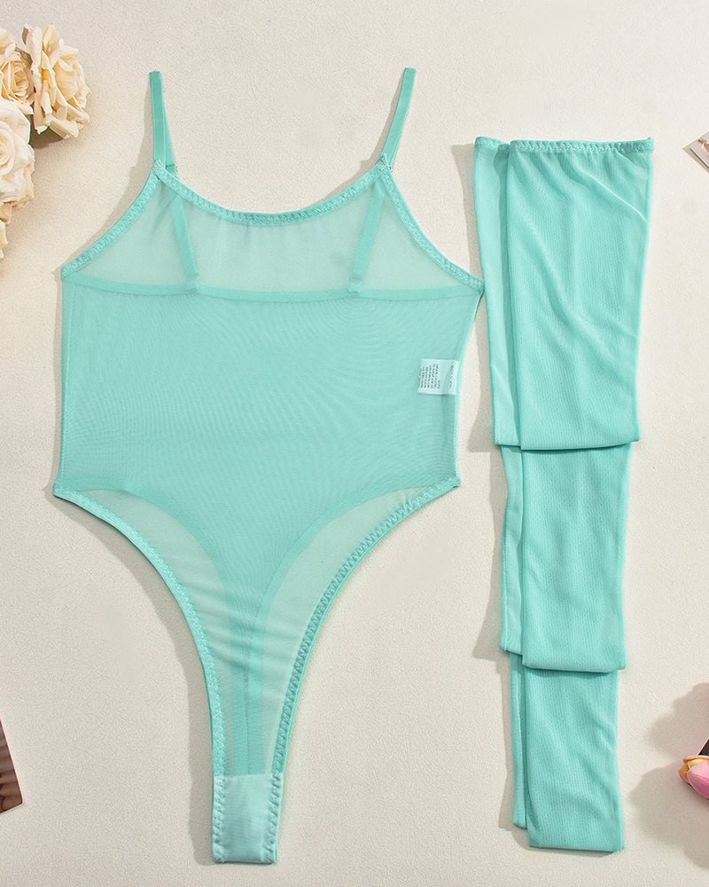 Sheer Mesh Bodysuit With Stockings - Lingerie Bodysuit for Women