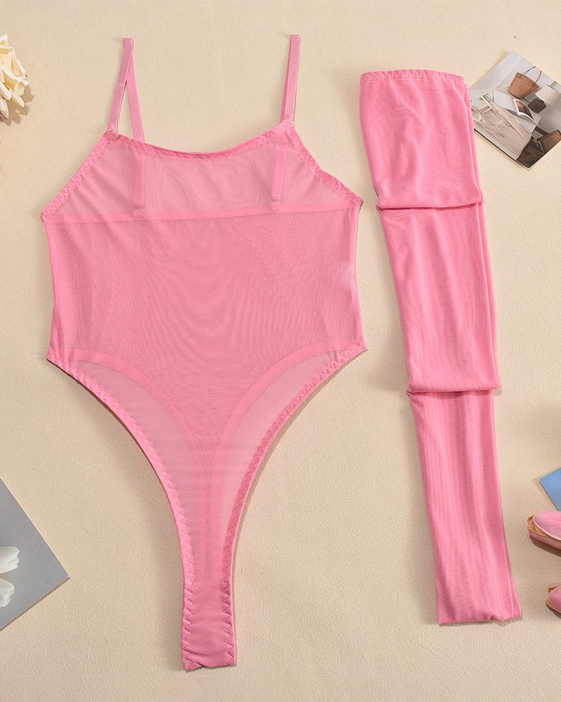 Sheer Mesh Bodysuit With Stockings - Lingerie Bodysuit for Women