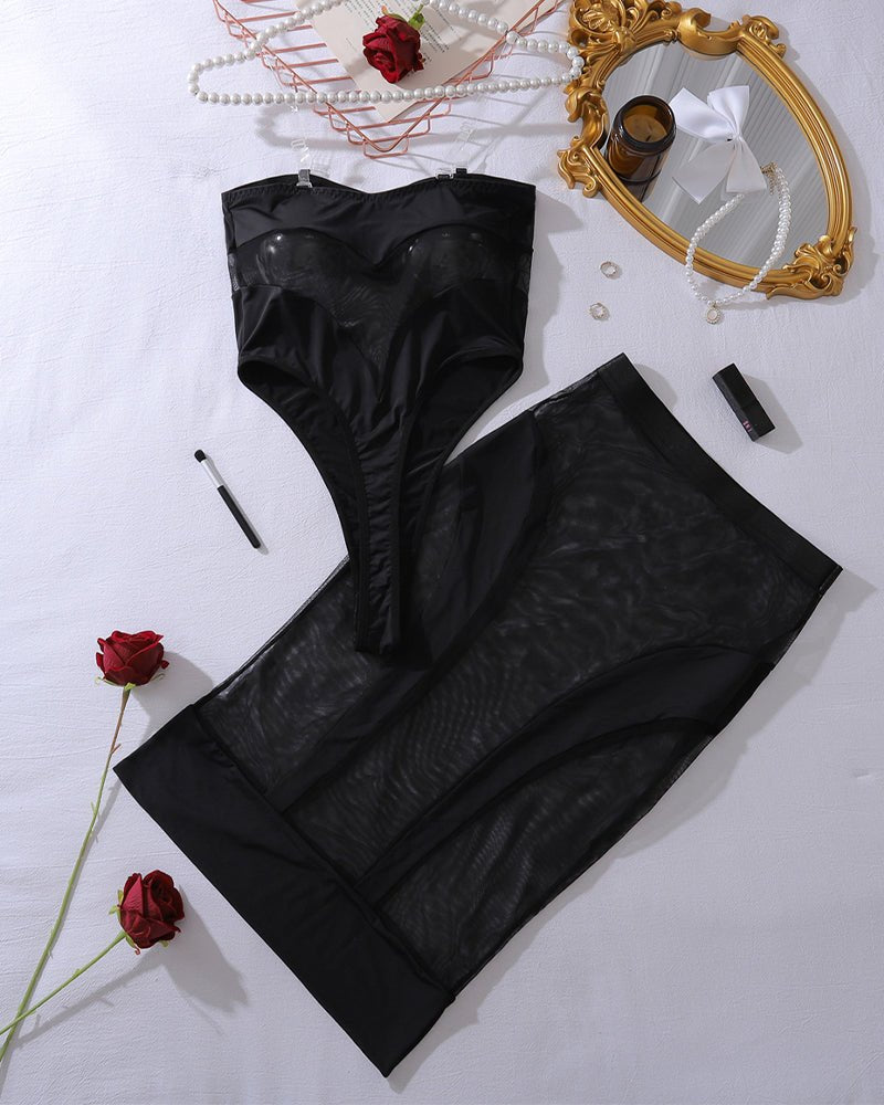 Sheer Mesh Bodysuit Skirt Set - Lingerie Bodysuit for Women