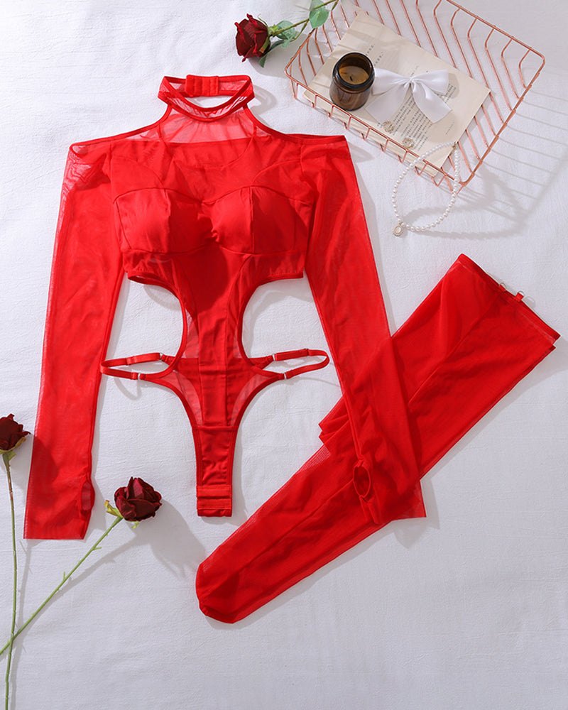 Sheer Mesh Cutout Bodysuit Set - Lingerie Bodysuit for Women