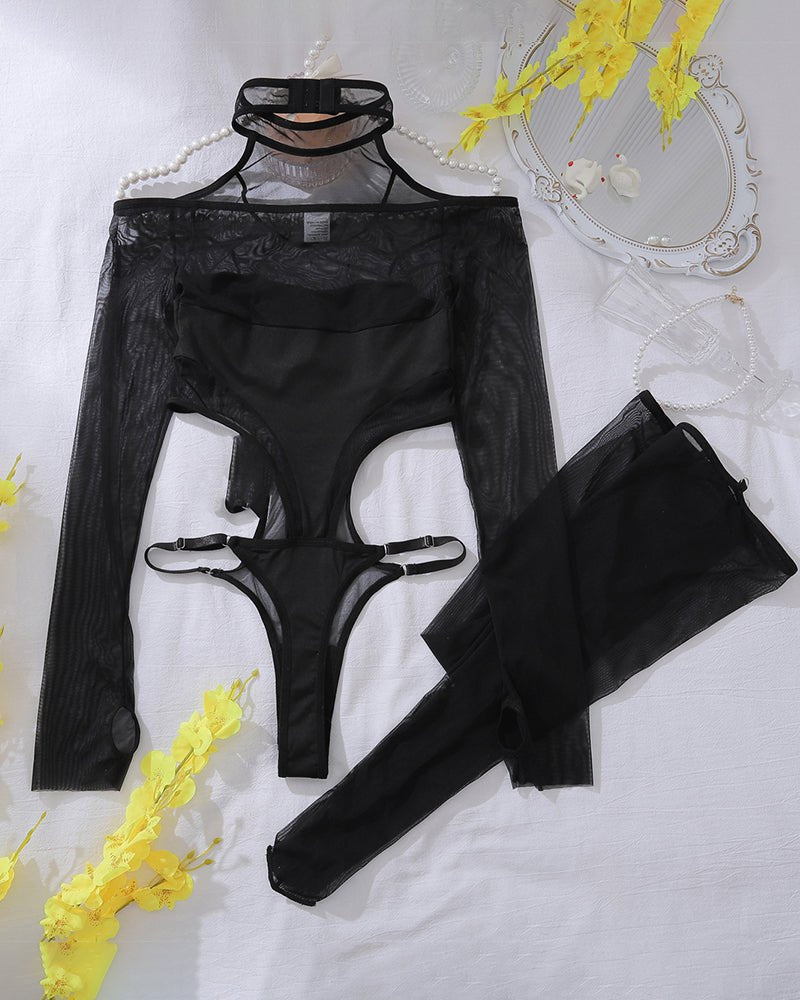 Sheer Mesh Cutout Bodysuit Set - Lingerie Bodysuit for Women