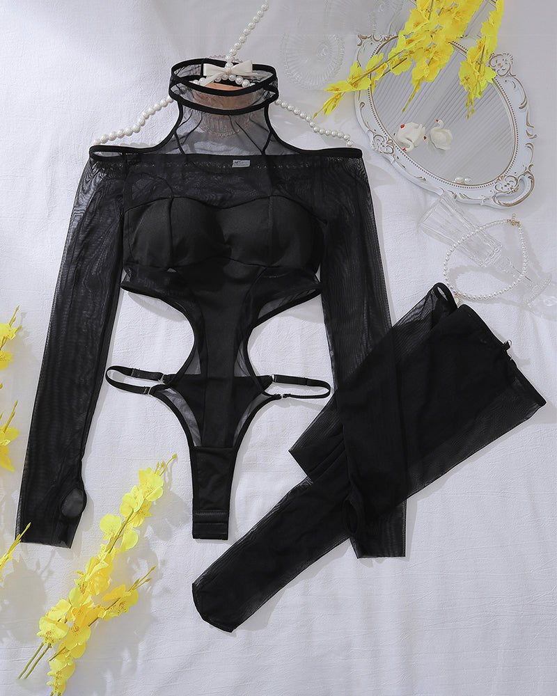 Sheer Mesh Cutout Bodysuit Set - Lingerie Bodysuit for Women