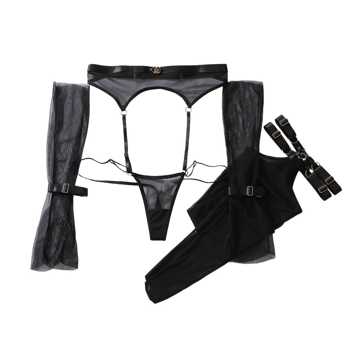 Sheer Mesh Hollow Slim Bodysuit - Garter Lingerie Set