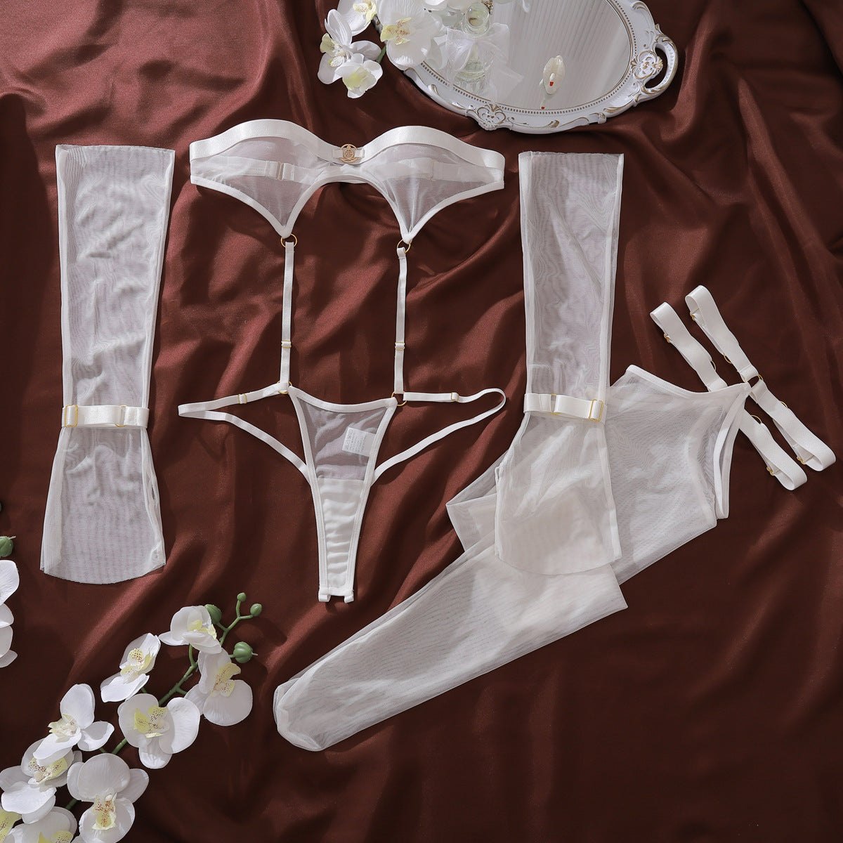 Sheer Mesh Hollow Slim Bodysuit - Garter Lingerie Set