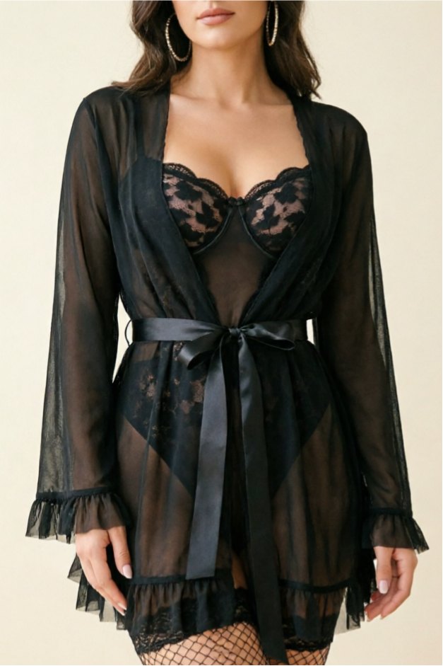 Sheer Mesh Robe Ruffled Sleeves - Sexy Lingerie Robe