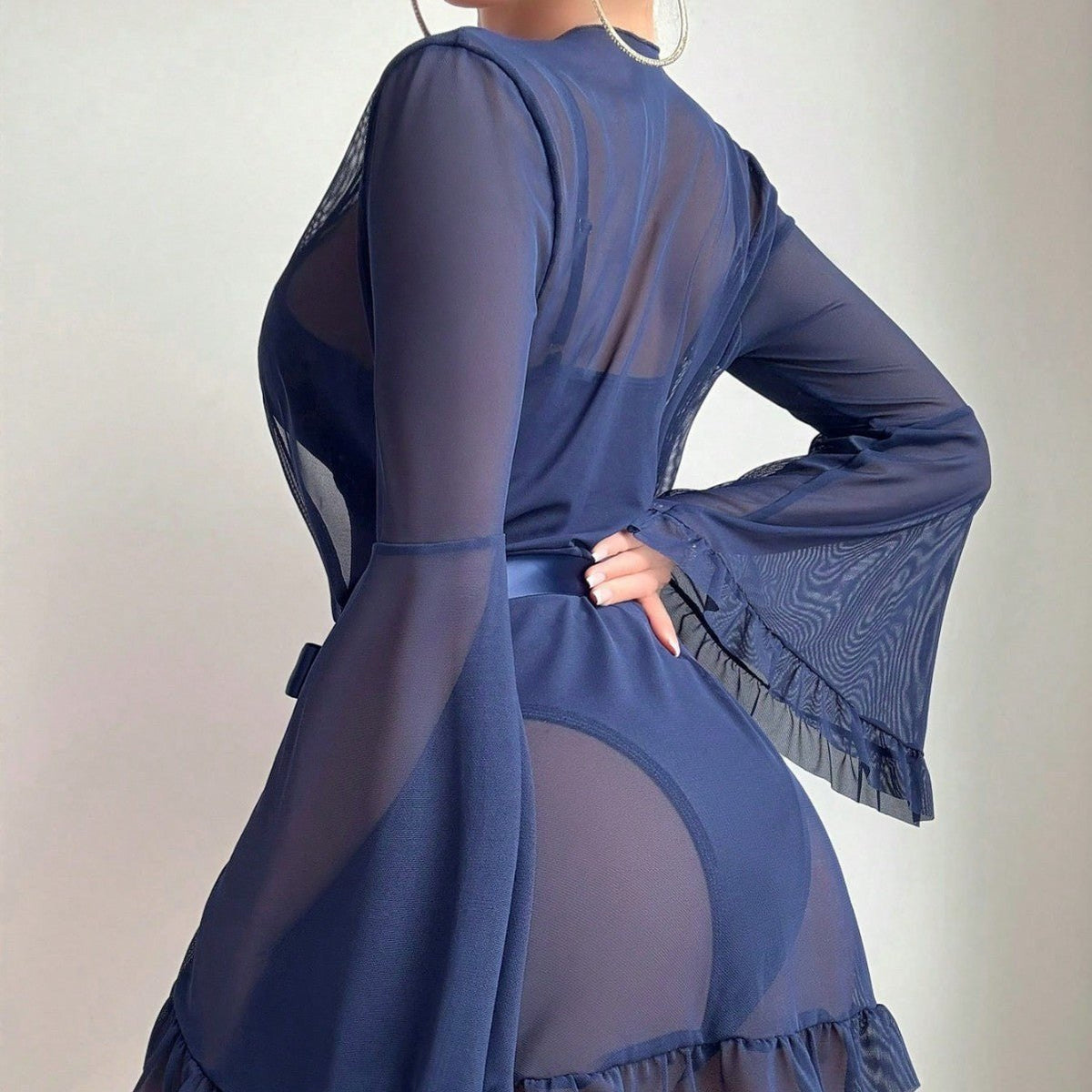 Sheer Mesh Robe Ruffled Sleeves - Sexy Lingerie Robe