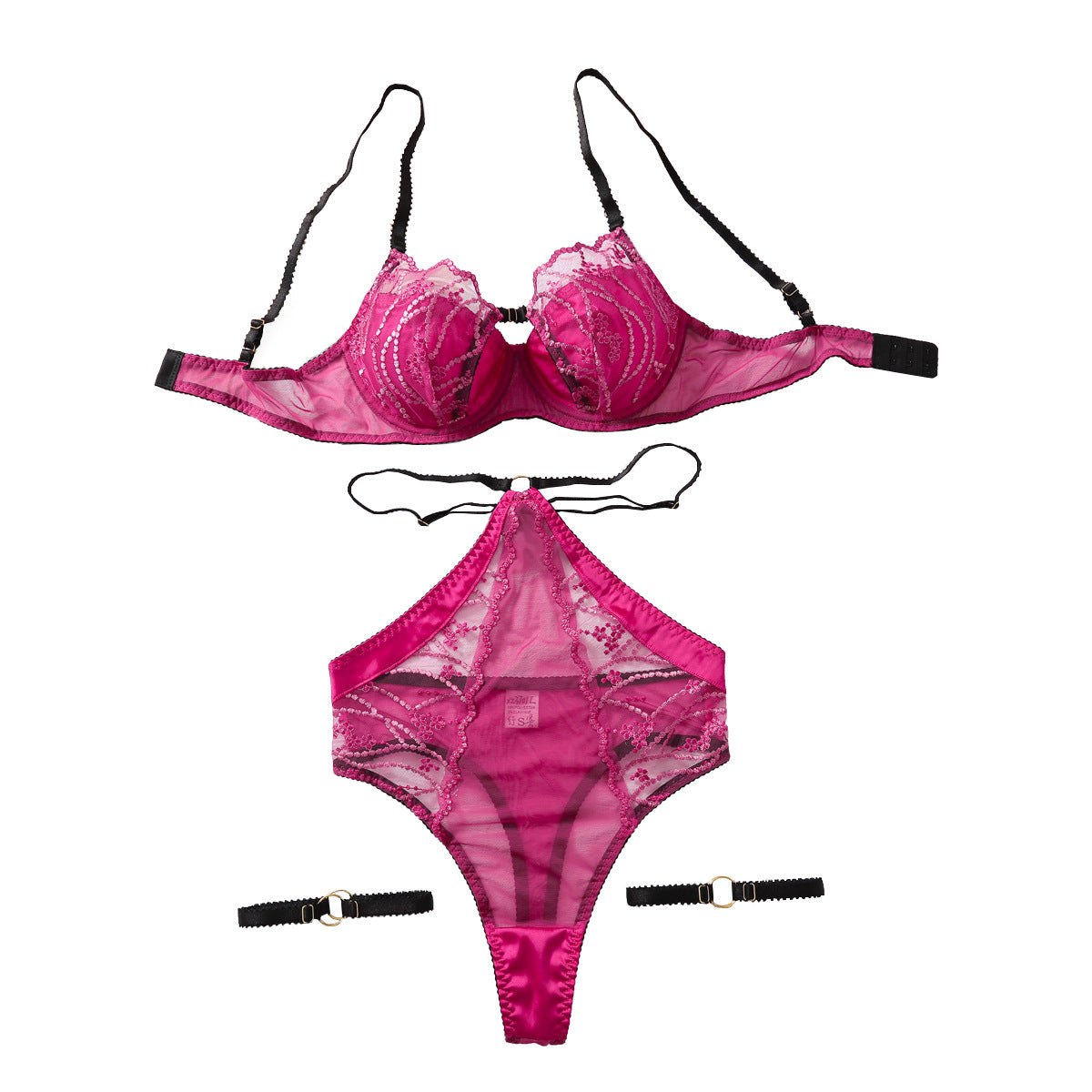 Sheer Mesh Push-Up 3-Piece Set - Bra and Panty Set