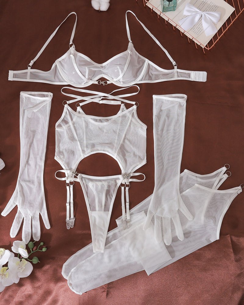 Sheer Mesh Shaping Bodysuit Set - Garter Lingerie Set