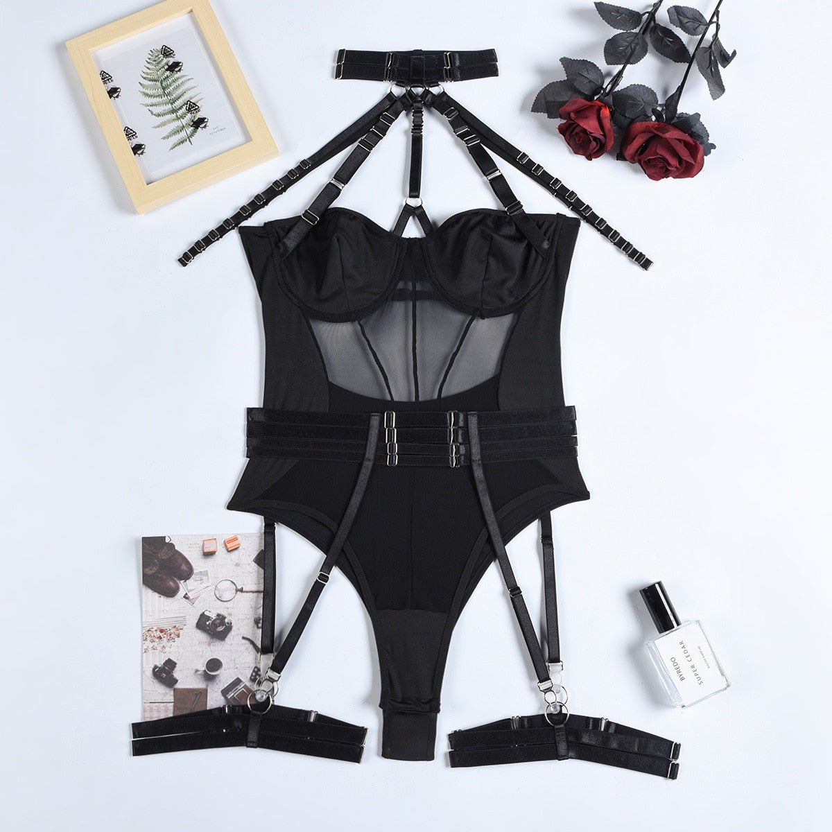 Sheer Mesh Strappy Lace Bodysuit - Lingerie Bodysuit for Women