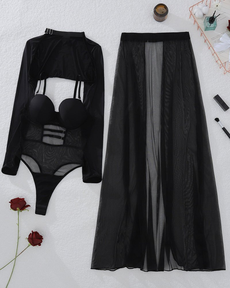 Sheer Mesh Underwire Bodysuit Set - Bra and Panty Set
