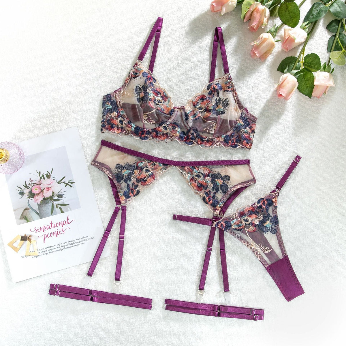 Sheer Push-Up 4-Piece Garter Set - Garter Lingerie Set