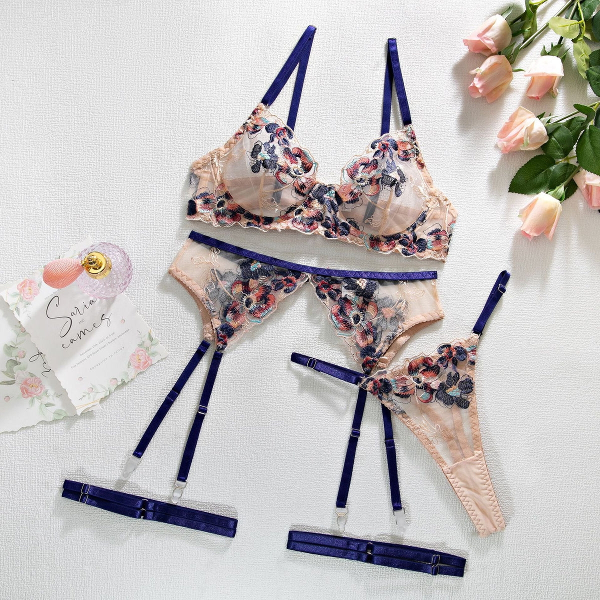 Sheer Push-Up 4-Piece Garter Set - Garter Lingerie Set